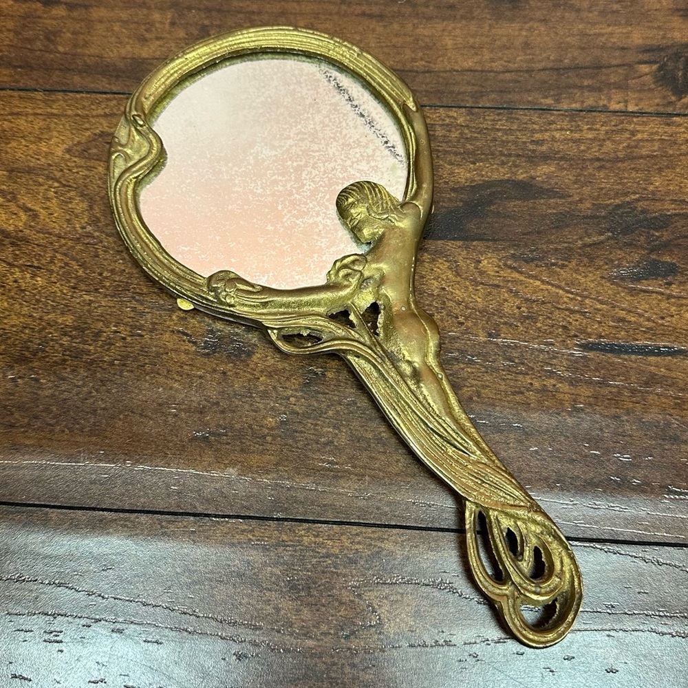 Art Nouveau Woman Figure Hand Mirror Brass Vanity Mirror Antique - Picture 1 of 7